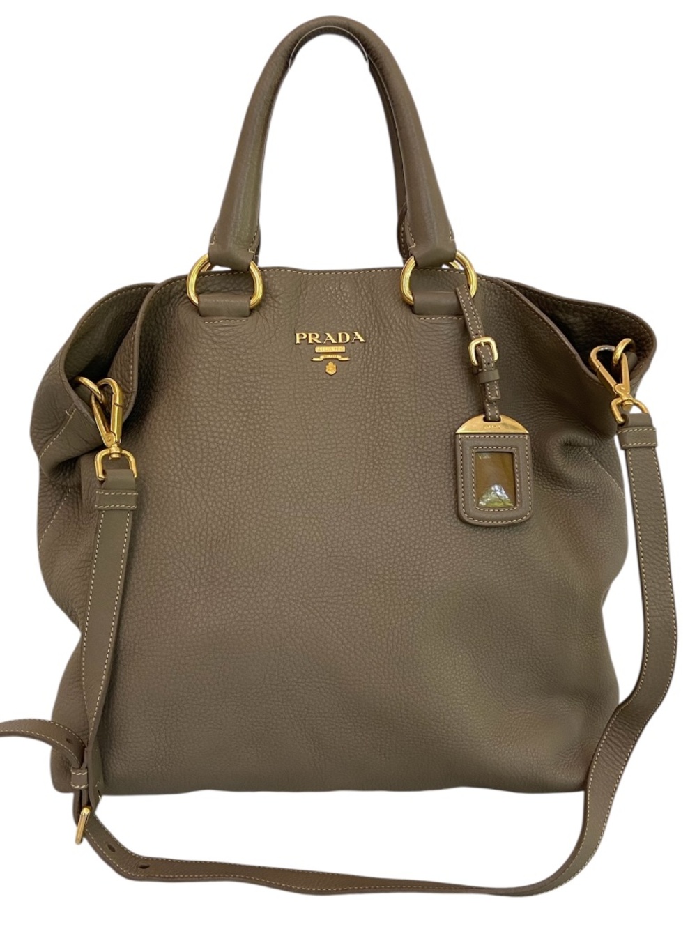 Auth Prada Vitello Daino Taupe Large Handbag w Crossbody Strap + Gold Hardware